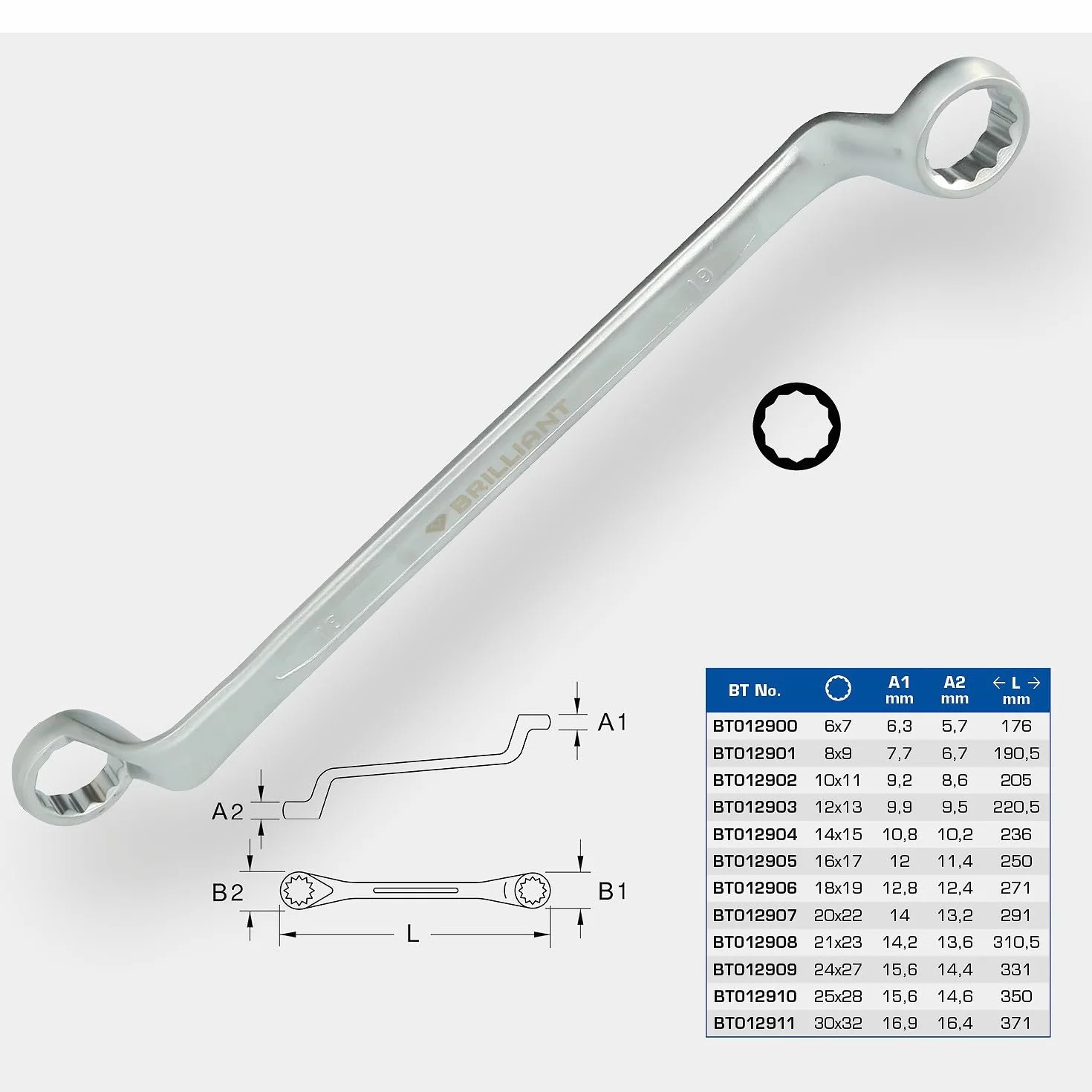 BRILLIANT TOOLS BT012908 Chiave poligonale doppia, curvata, 21 x 23 mm [Powered by KS TOOLS]