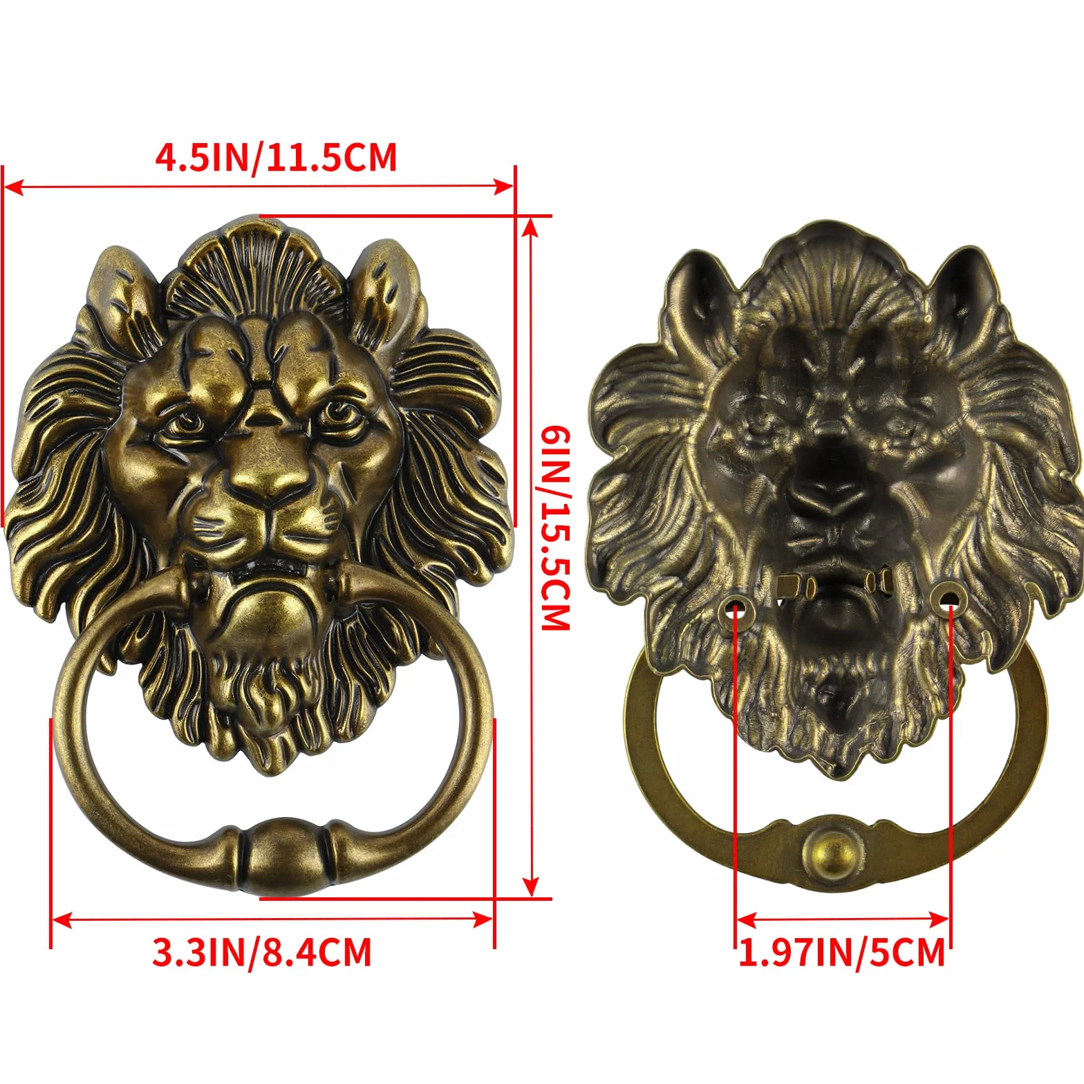 MOLIGOU Battente decorativo per porta anteriore da 15,2 cm, con testa di leone, maniglia ad anello per porta antica (bronzo antico)