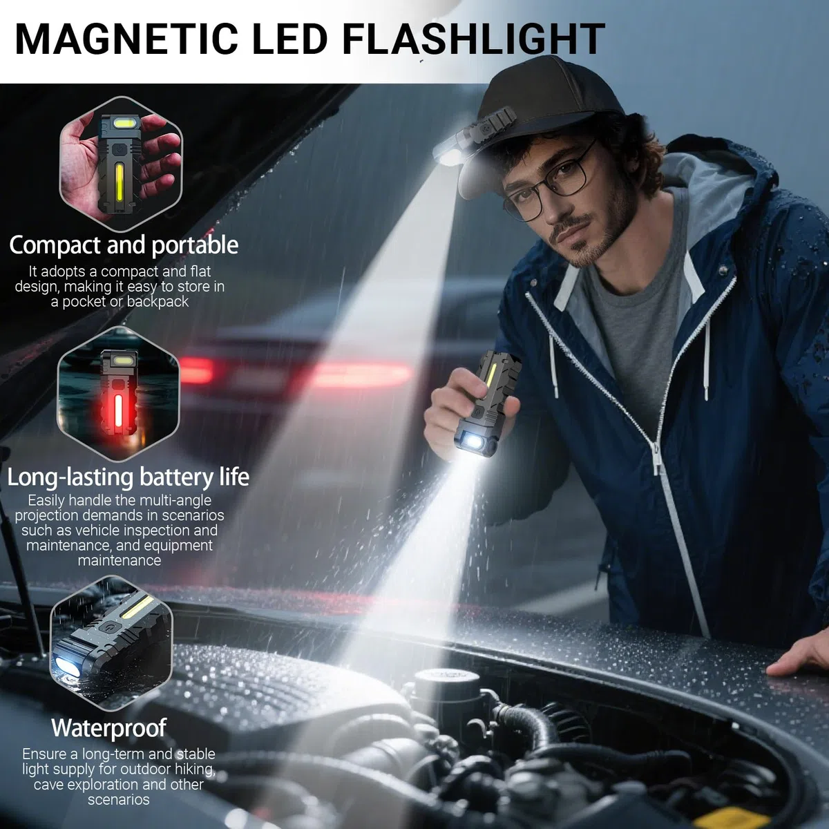 Mini torcia ricaricabile – Piccola torcia da lavoro | LED impermeabile magnetica luminosa mini torcia per riparazione auto sopravvivenza caccia lavoro notturno dormitorio escursionismo