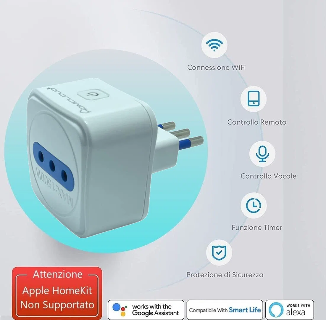Spina Intelligente Wi-Fi Italiana 10A, Presa Smart wifi, Timer e Controllo da APP, Compatibile con Amazon Alexa e Google Assistant