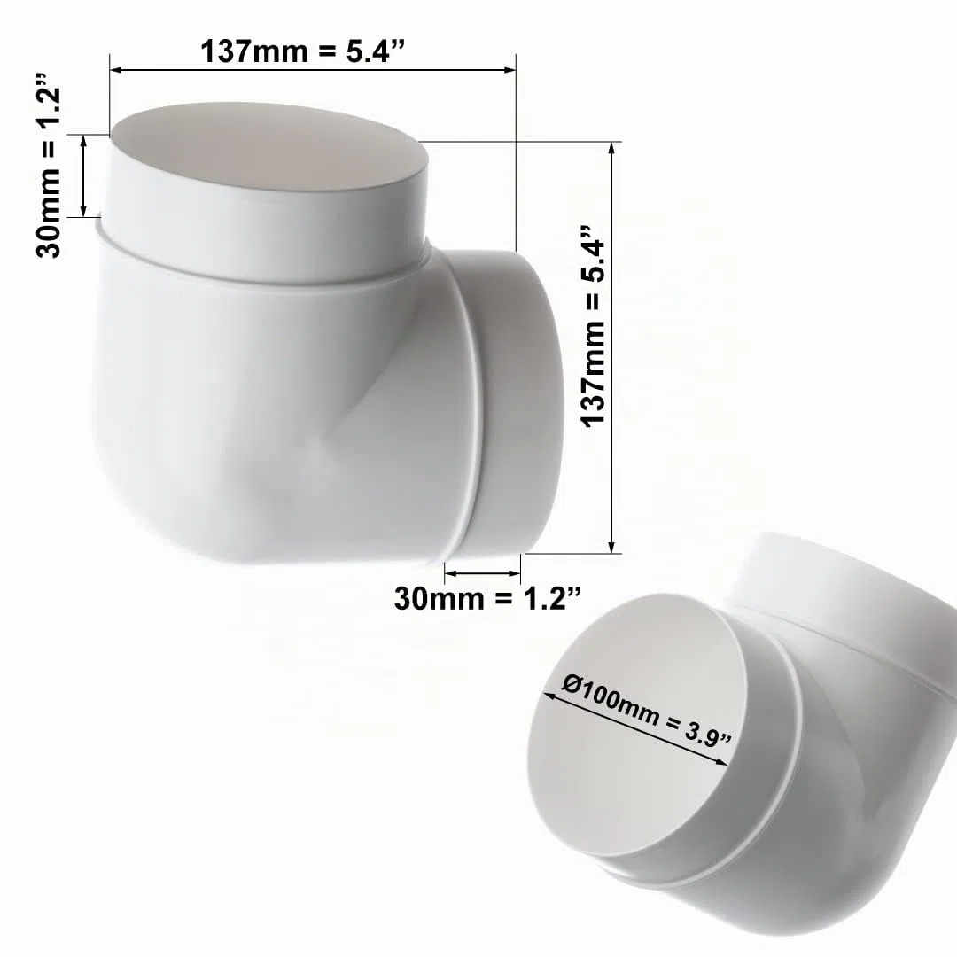 Tubo di ventilazione, in plastica ABS e PVC, di forma circolare, con diametro di 100 mm e angolo di 90°, AL100-90