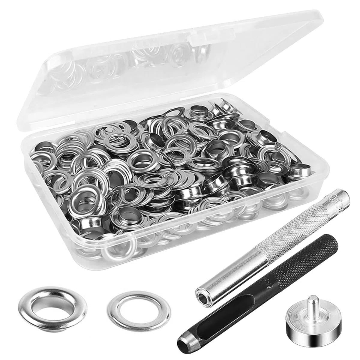 Occhiello Strumento Kit, Occhielli per Teloni, 120 Pezzi Occhielli Metallici Occhiellatrice per Teloni,Grommet con 3 pezzi Strumenti, Occhiello Strumento Kit per Abbigliamento,Borse,Tela,Tende,Scarpe