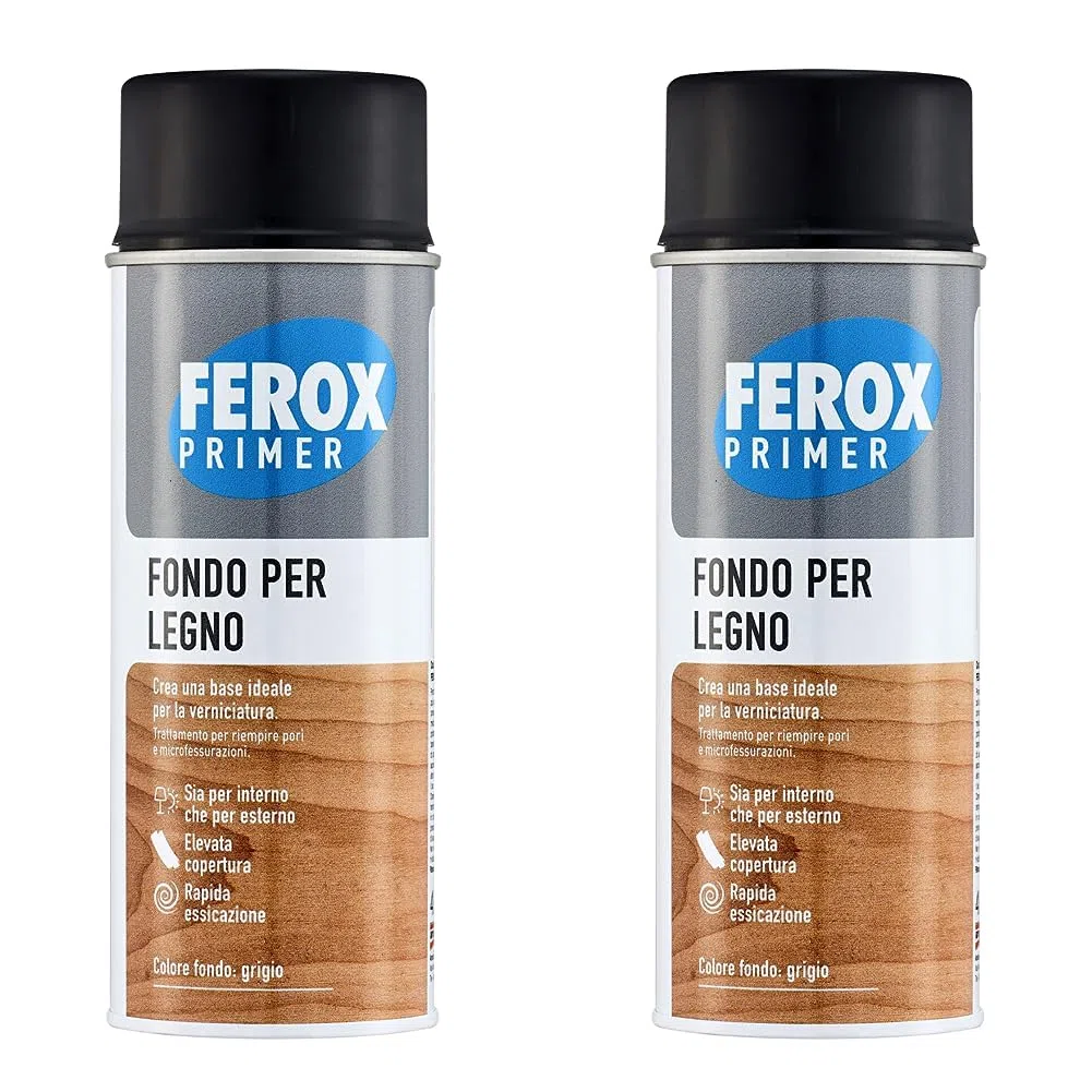 FEROX Fondo per Legno 400 ml, Fondo aggrappante per verniciatura, colore Grigio, Primer superfici interno/esterno, Primer Legno, rapida essicazione, lunga durata (Confezione da 2)