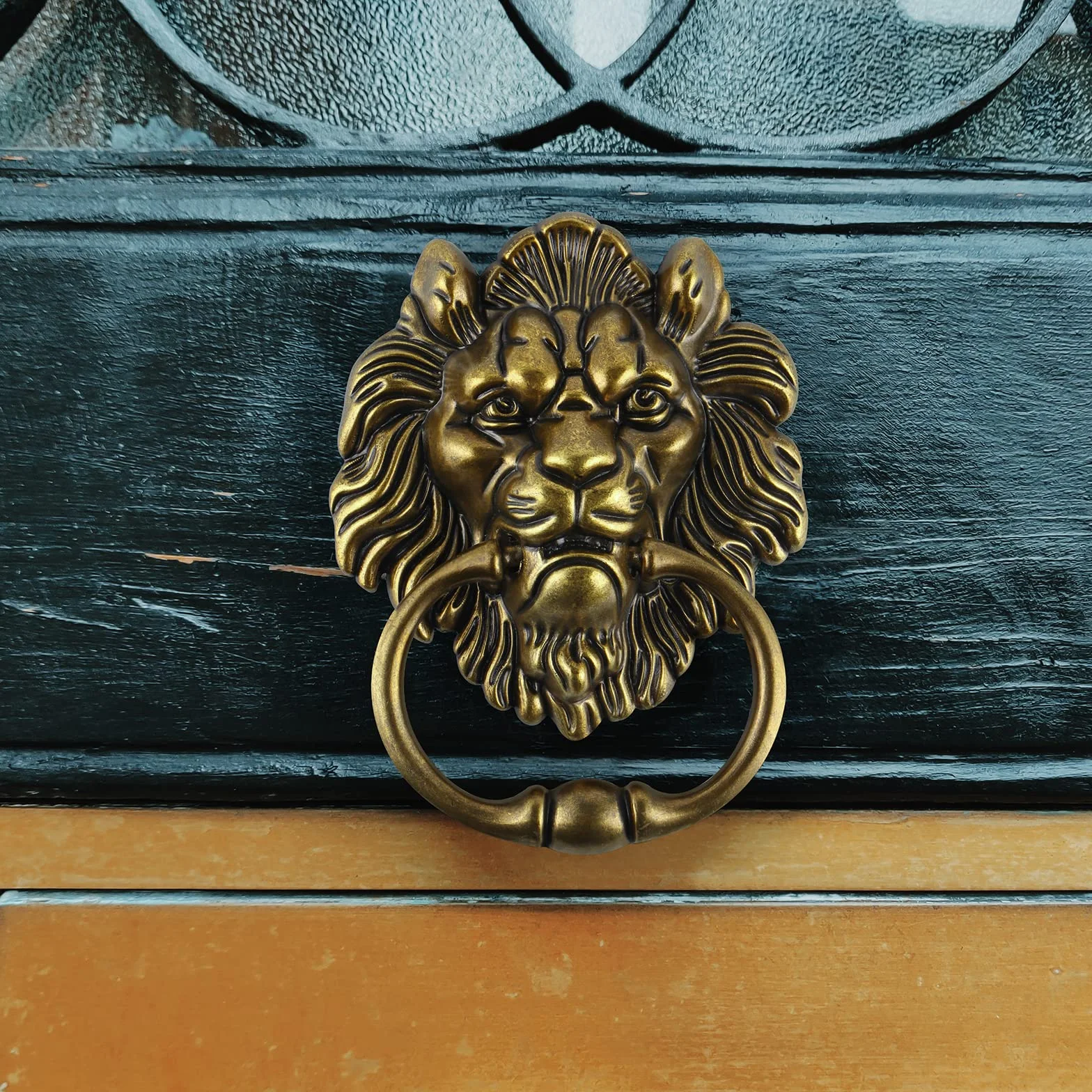 MOLIGOU Battente decorativo per porta anteriore da 15,2 cm, con testa di leone, maniglia ad anello per porta antica (bronzo antico)
