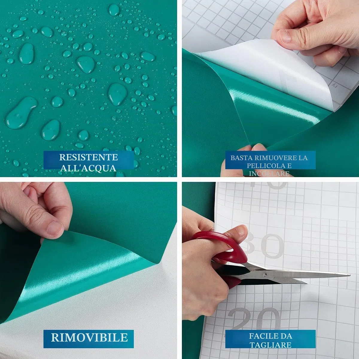 FunStick Carta da Parati Blu Verde Acqua Pellicola Adesiva Piano Scrivania Impermeabile Verde Petrolio Adesiva Cucina Armadio Rivestimento Parete Bagno 30CM×5M
