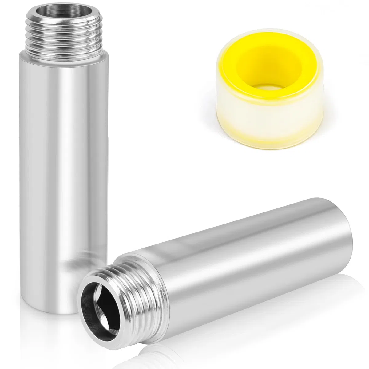 2 prolunghe per rubinetto, 1/2", 80 mm, in acciaio inox, prolunga per soffione da 1/2", prolunga per tubo dell'acqua con nastro di tenuta, raccordo filettato per collegamento acqua, valvole