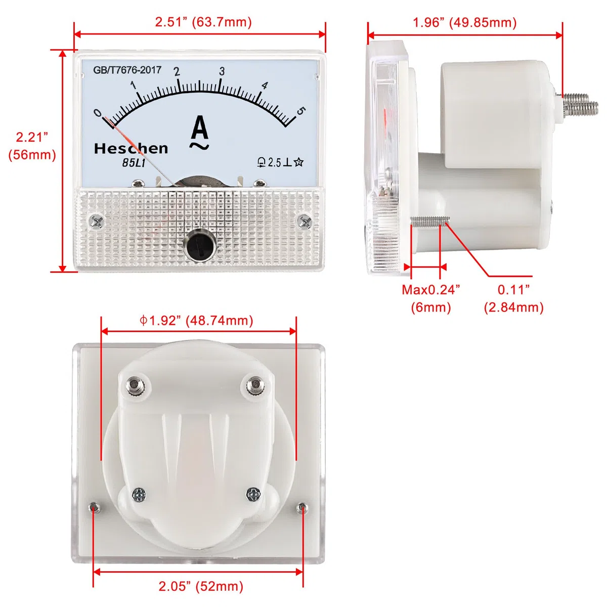 Heschen 85L1-5A - Misuratore di corrente rettangolare a pannello, amperometro, AC 0-5A, classe 2,5