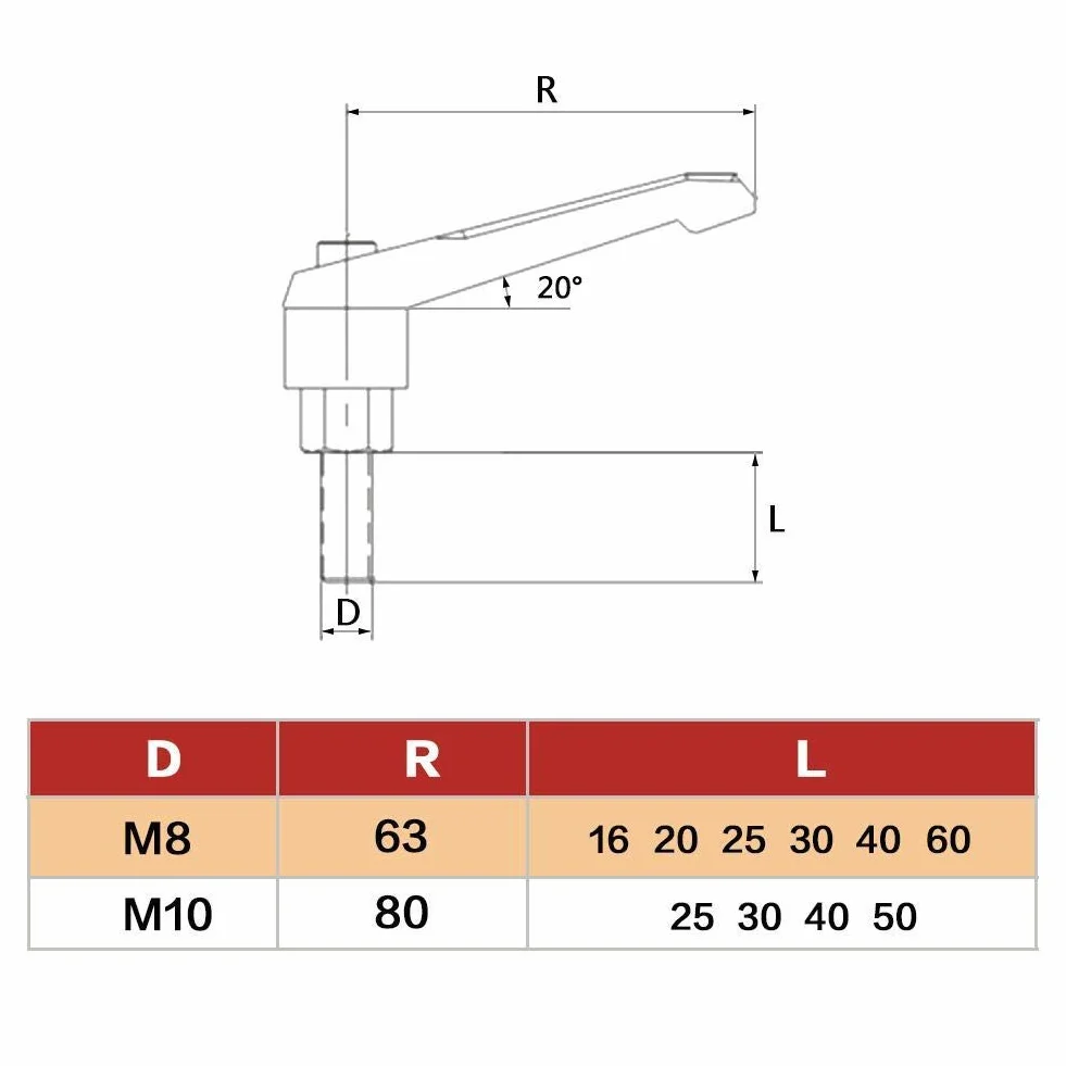 Fafeicy Maniglia di Serraggio M10 Filettatura Maschio 25-50mm Leva di Bloccaggio della Maniglia Regolabile Leva di Serraggio Attacco Esagonale (M10*40)