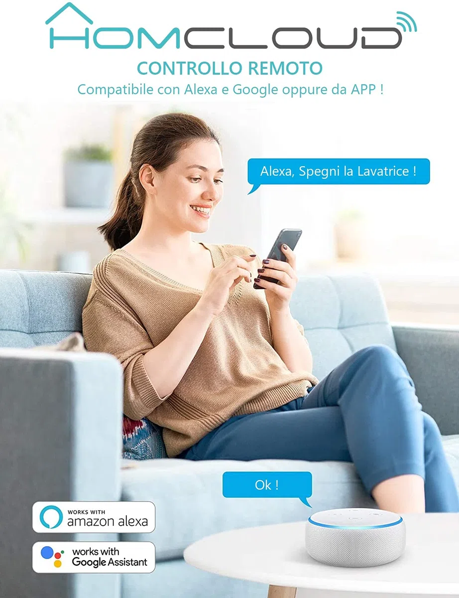 Spina Intelligente Wi-Fi Italiana 10A, Presa Smart wifi, Timer e Controllo da APP, Compatibile con Amazon Alexa e Google Assistant